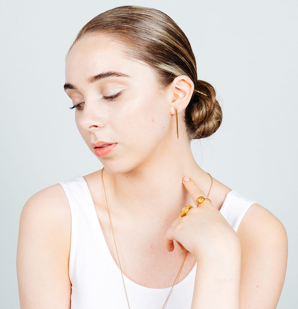 Model wearing Goldplated Long Sea Urchin Spine Earrings - Jennifer Kinnear Jewellery