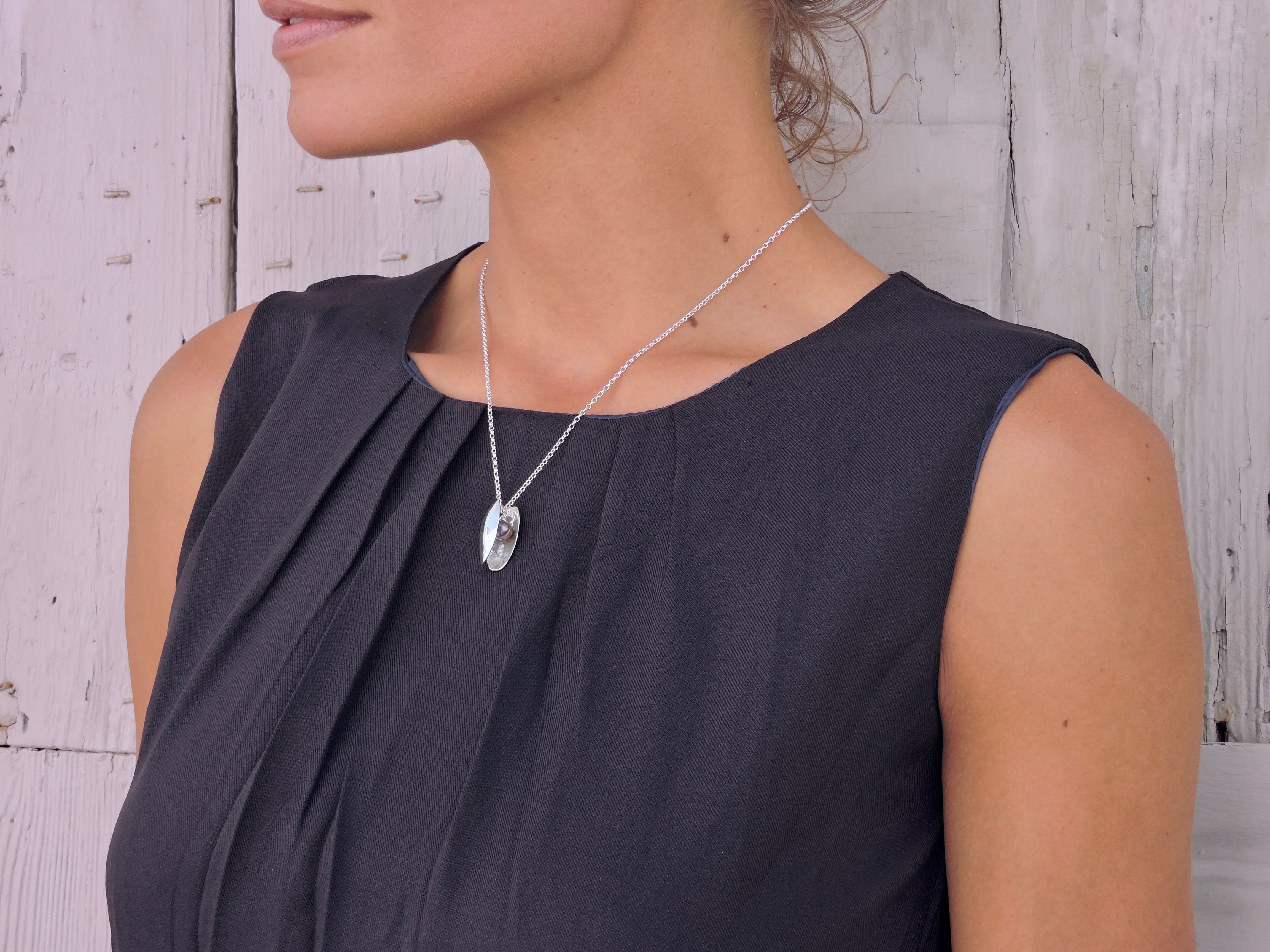 Open Clam shell necklace with fresh water pearl - sterling silver - shell collection - jennifer kinnear jewellery